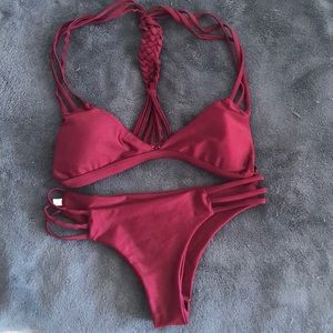 Red cheeky braided back strappy padded bikini
